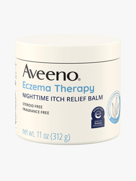 Aveeno Eczema Therapy Itch Relief Balm in beige branded jar with lid on light gray background