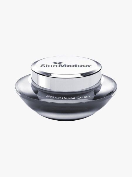 SkinMedica Dermal Repair Cream silver jar on light gray background
