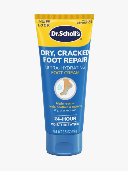 Dr. Scholl's Dry, Cracked Foot Repair yellow and blue tube on light gray background