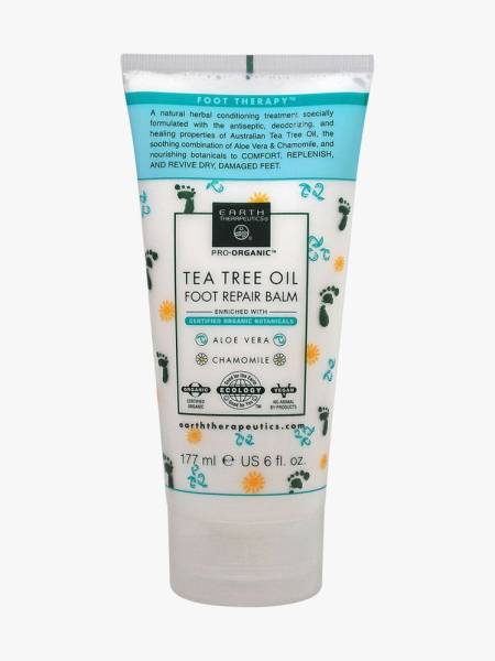 Earth Therapeutics Foot Repair Balm white tube with foot pattern on light gray background