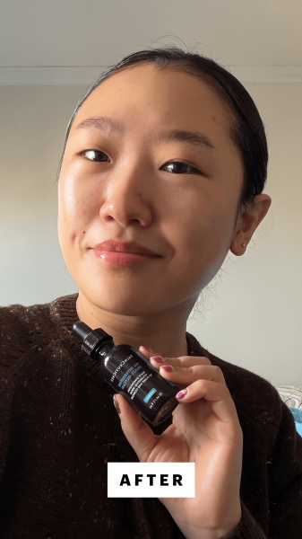 A selfie of Allure commerce editor Sarah Han after applying the SkinCeuticals Hyaluronic Acid Intensifier MultiGlycan Serum